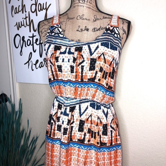 Jealous Tomato Crocheted Halter Back Orange, White & Blue Maxi Dress Size Small - Picture 3 of 8